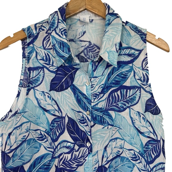 Sigrid Olsen Sleeveless Linen Tunic Top Short Dress ~Small~ Blue Leaves Tropical - Picture 3 of 13